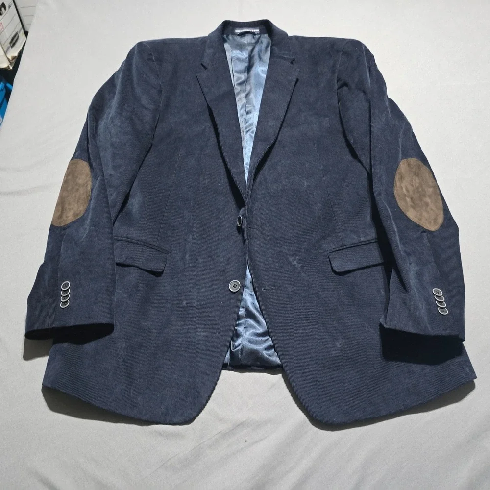 Tommy Hilfiger Corduroy Blazer Men 46L Navy Blue Elbow Patches Two Button Jacket